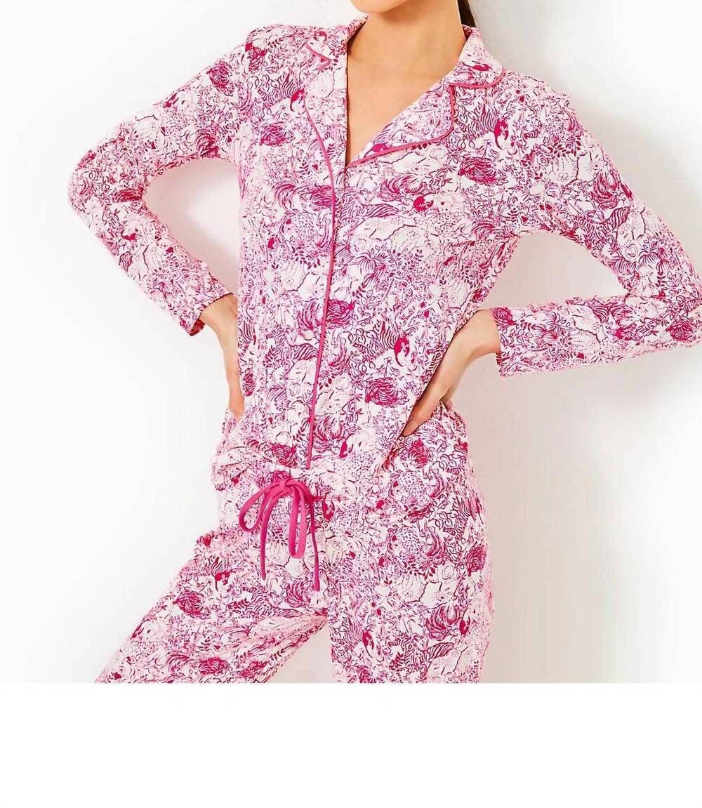 NEW LILLY PULITZER women's pajama knit long sleeve button-up top in raspberry ro